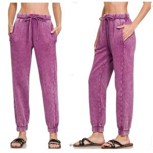 Zenana Acid Wash Fleece Sweatpants With Pockets In Light Plum Sz S-M-L NWT